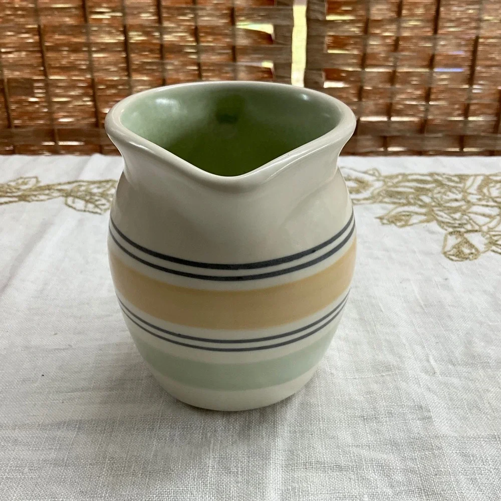 Pfaltzgraff Striped‎ Stoneware Pitcher Creamer Green Yellow Blue Mexico 4.5